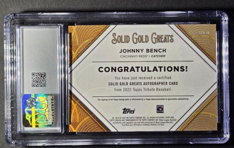 2022 TOPPS TRIBUTE SOLID GOLD GREATS AUTO JOHNNY BENCH ORANGE 10/25 CGC 10