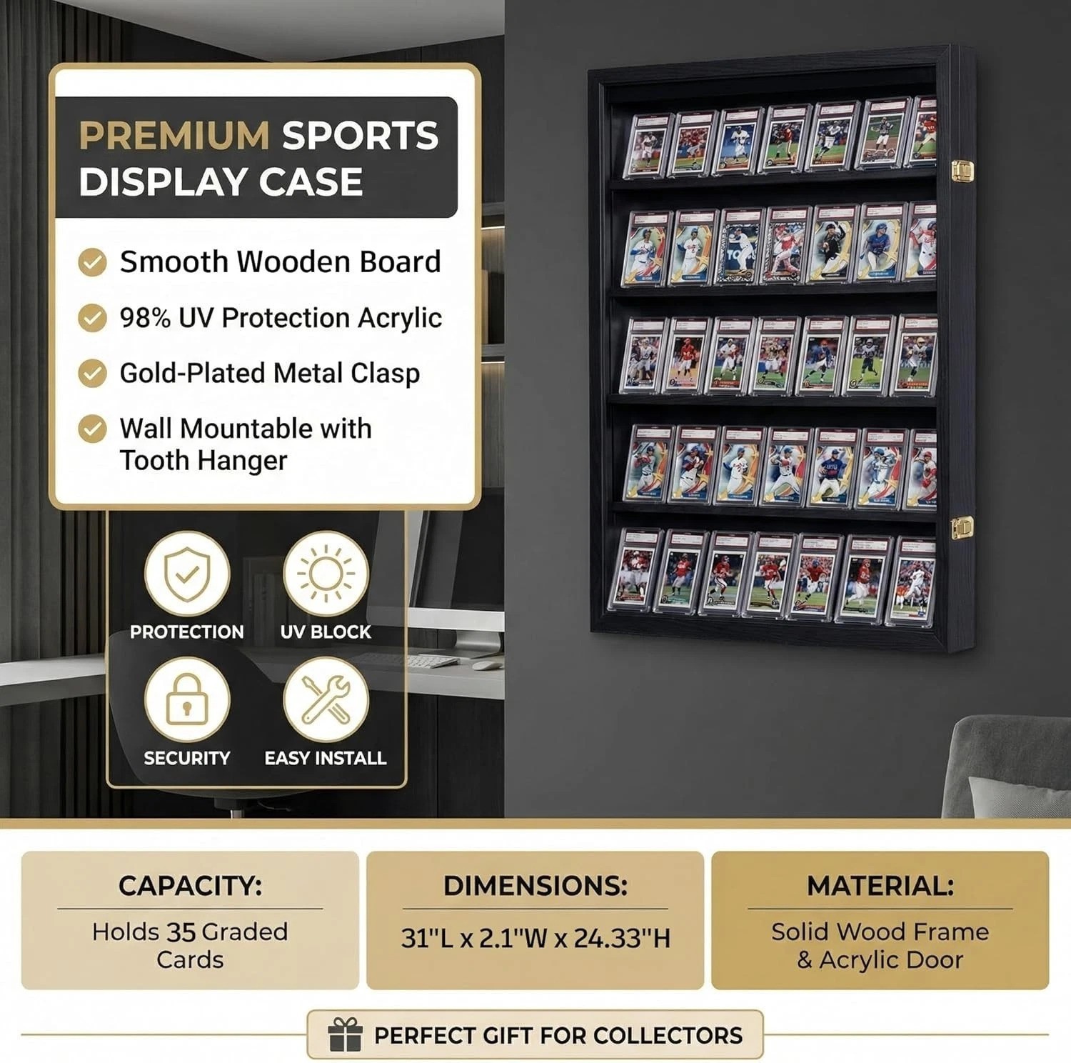 35 Baseball Card Display Case – Graded Sports Card Frame with 98% UV Protecti…