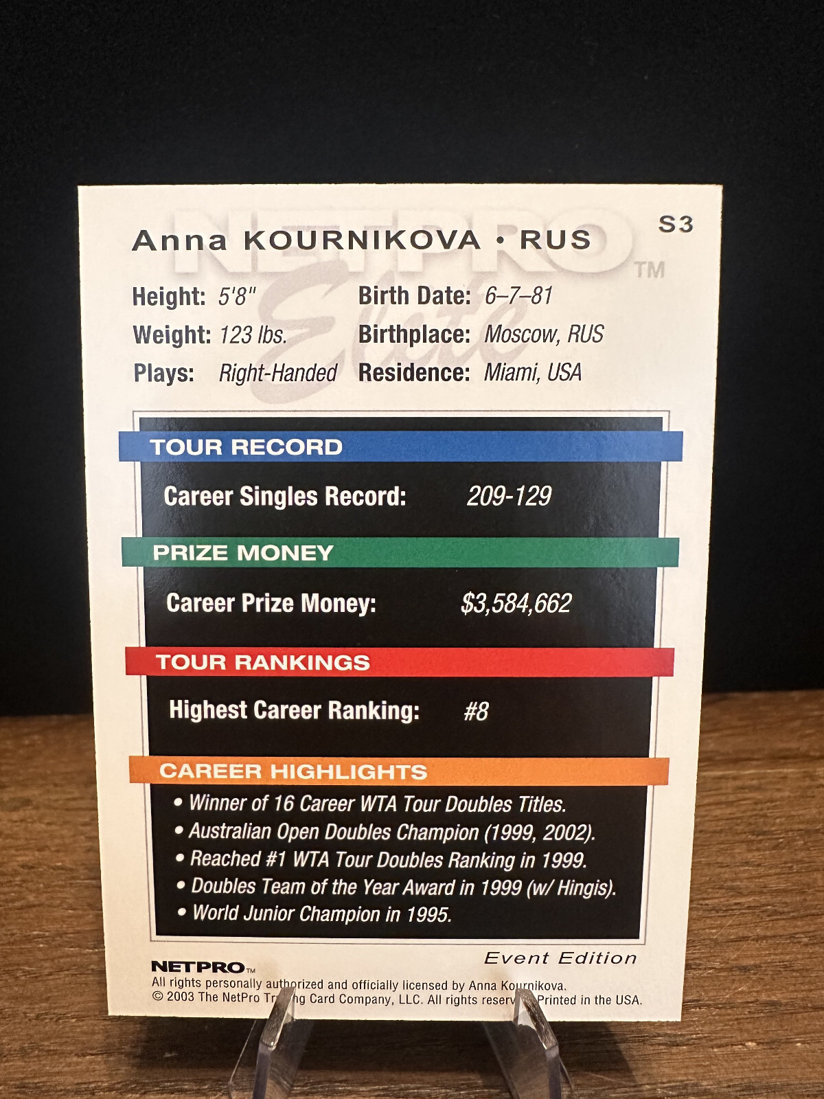 2003 NETPRO ELITE EVENT STARTER ANNA KOURNIKOVA #S3 ROOKIE RC BLUE DRESS *RARE*
