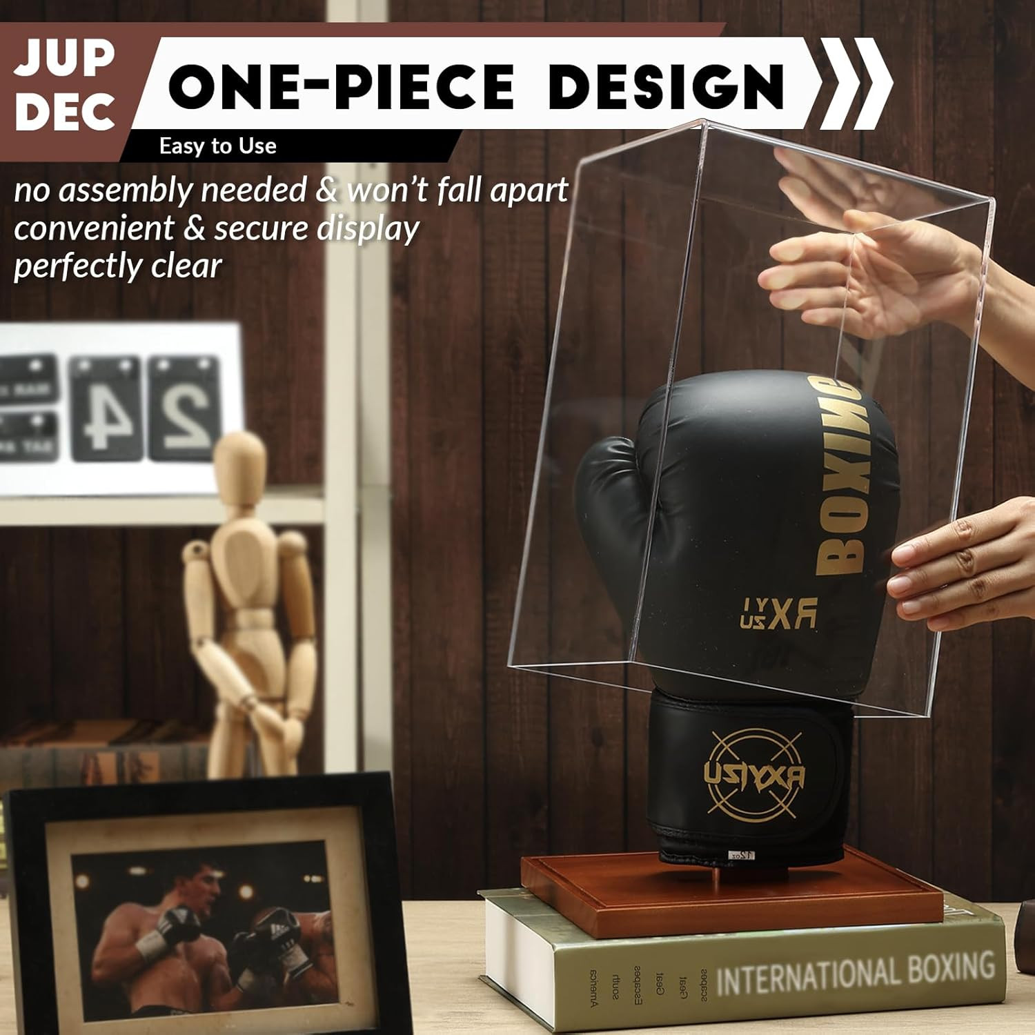 Jupdec Boxing Glove Display Case, Clear Acrylic Showcase with Wood Base & Plank