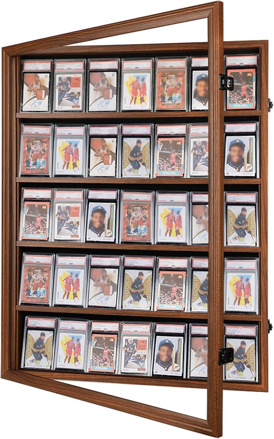 Graded Trading Card Display Case 35 Sport Baseball PSA Slabs Walnut Wood Cabinet