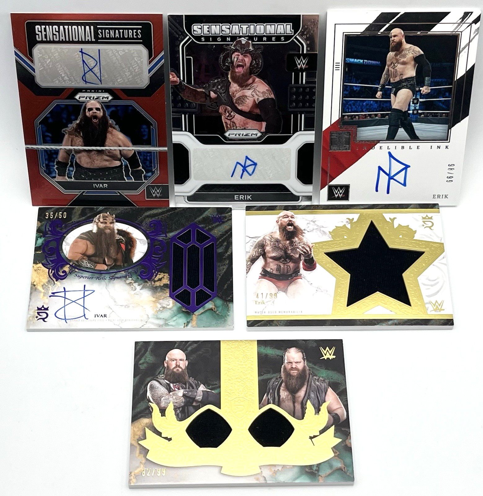 SIX 2022-2025 WWE VIKING RAIDERS IVAR & ERIK PATCH RELIC #’D AUTOGRAPH CARD LOT