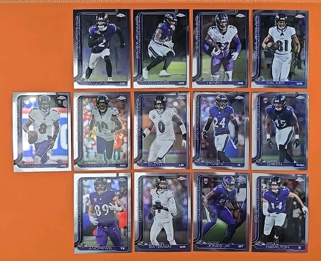 🟣⚫️🟣 2025 TOPPS CHROME BALTIMORE RAVENS COMPLETE BASE TEAM SET (13 CARD LOT)