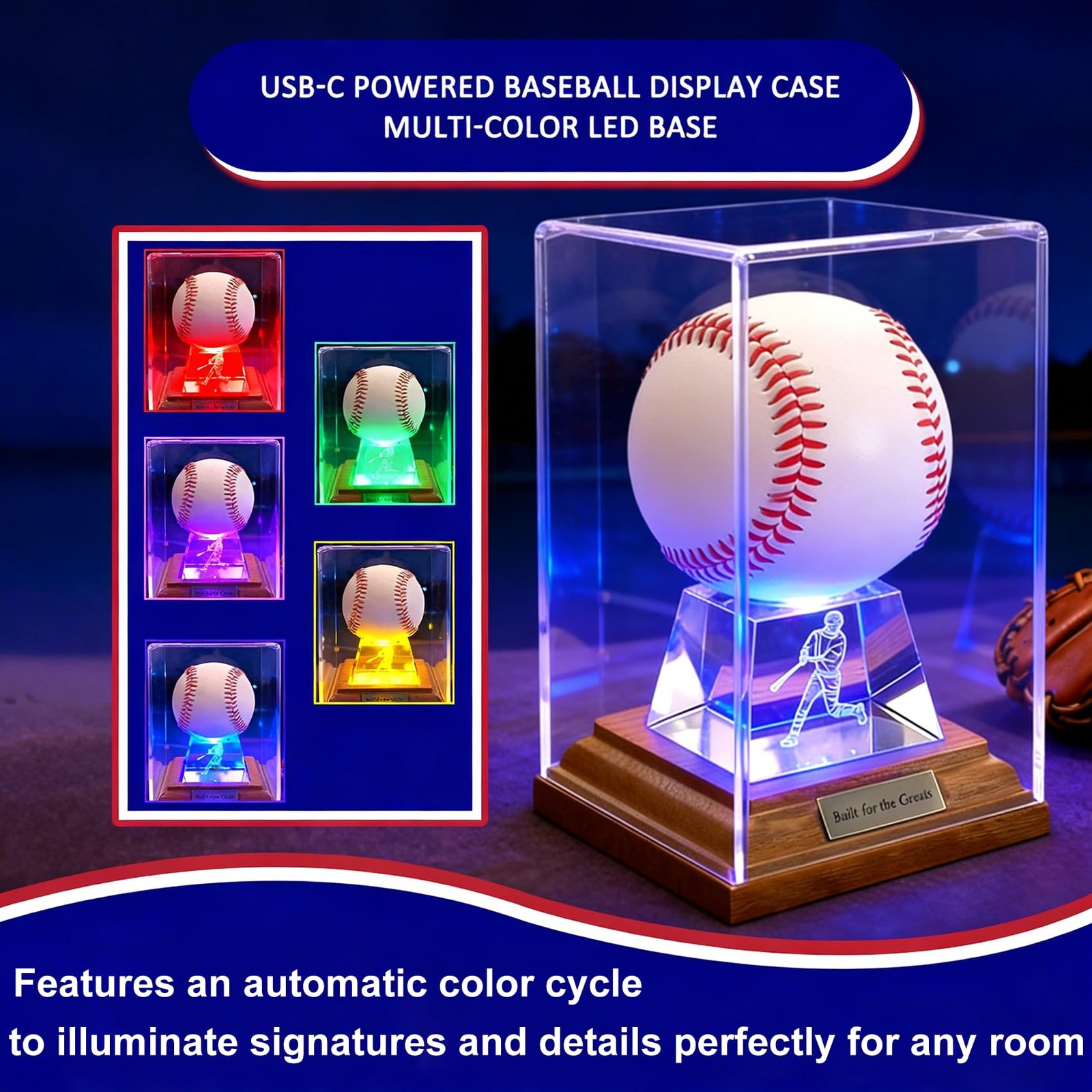 Acrylic Clear Baseball Cube Holder Display Case Box Stand W/ LED Lights