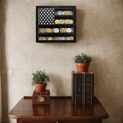 Wall Mounted Challenge Coin Display Stand with Acrylic Glass, Wooden Black