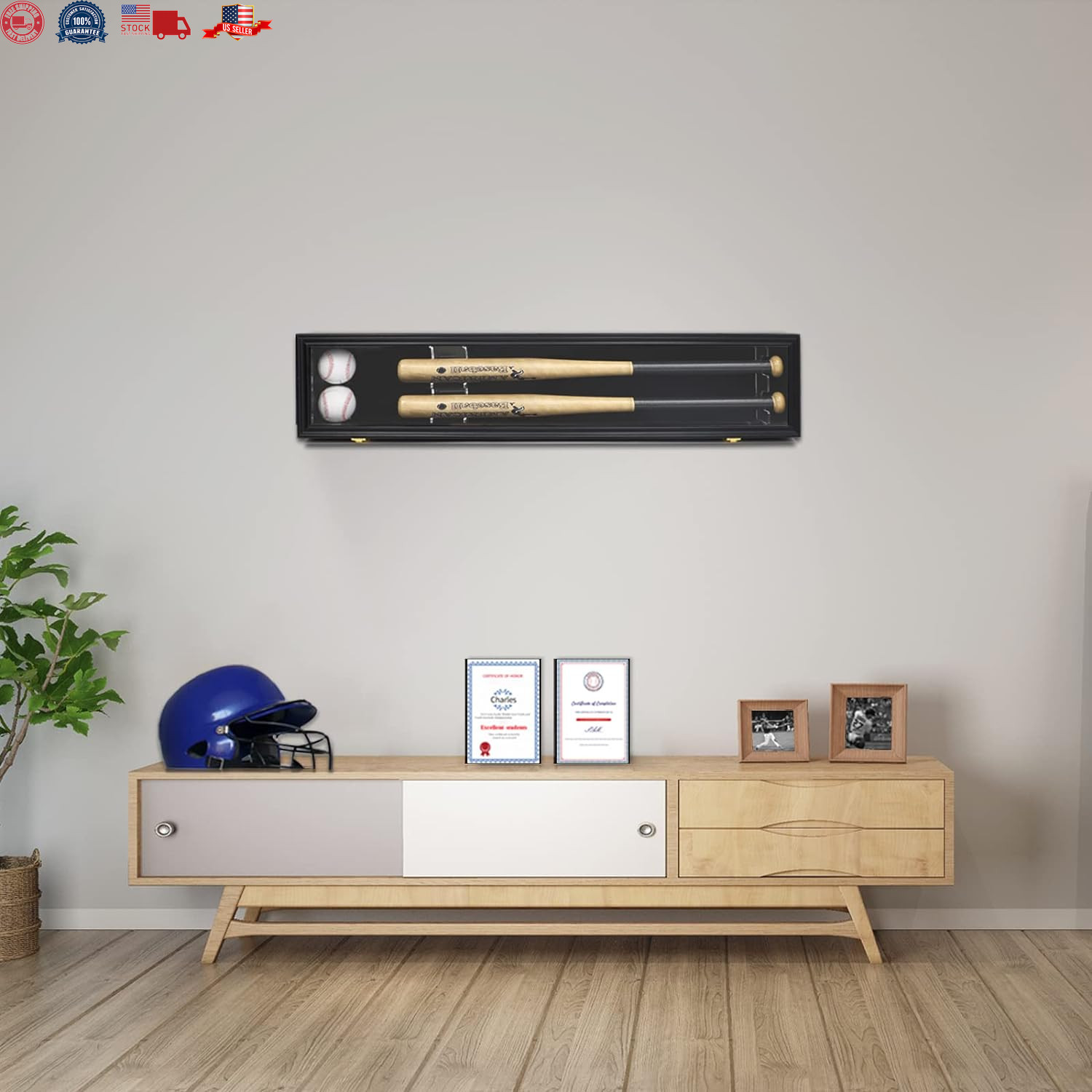 2 Baseball Bat Display Case Wooden Frame with Acrylic Transparent Door Holder