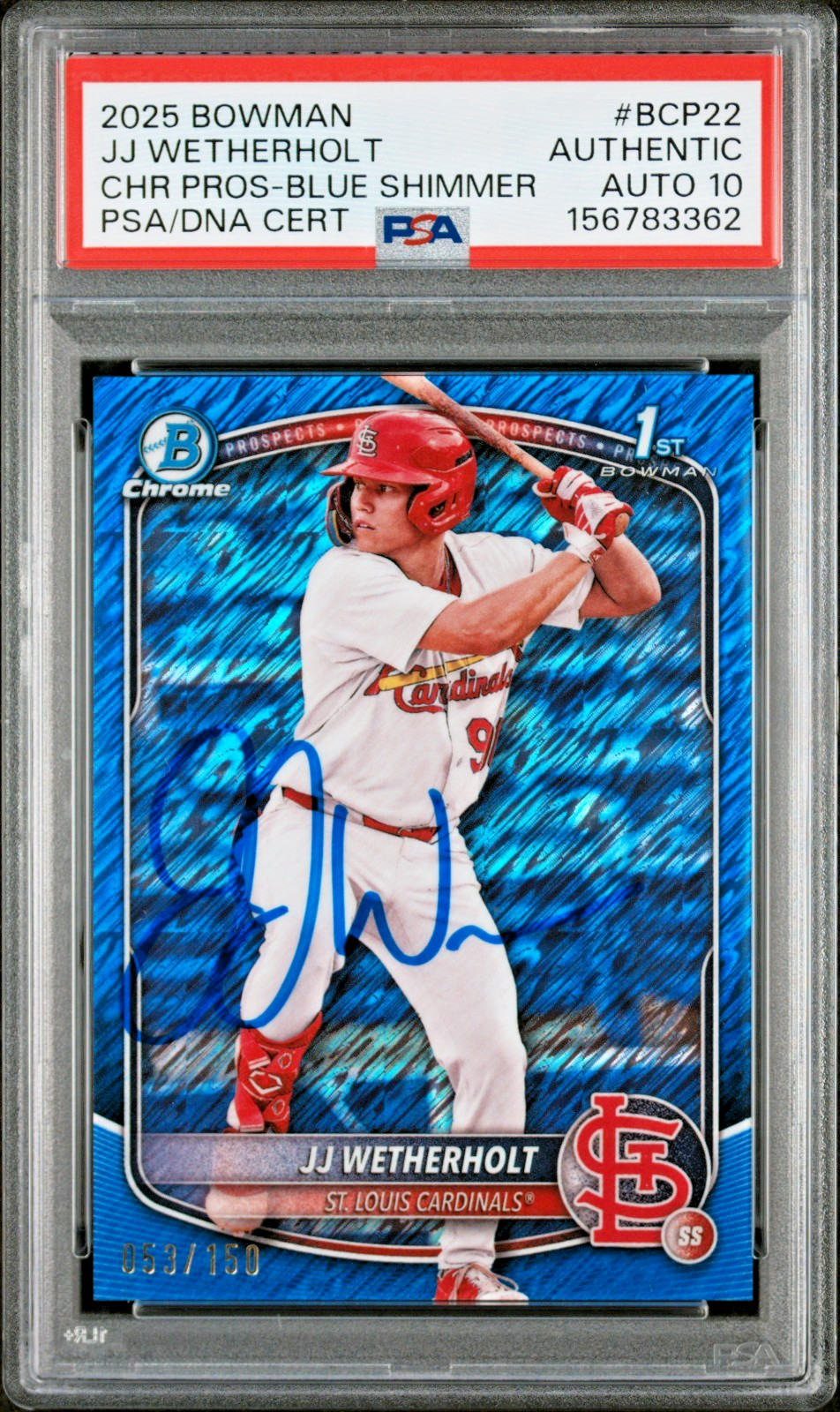 JJ Wetherholt Signed 2025 1st Bowman Blue Shimmer Refractor /150 PSA Auto Gem 10