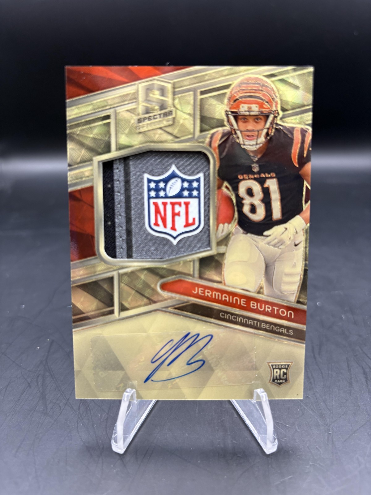 2024 Spectra Jermaine Burton Rc Patch Autos Gold Laundry Tags NFL Shield #/1