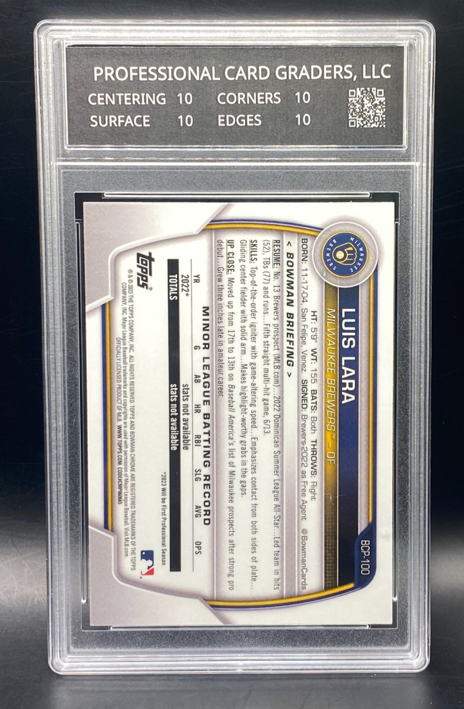 2023 Bowman Draft LUIS LARA 1st Bowman Chrome #BCP-100 PCG 10 GEM MT🔥