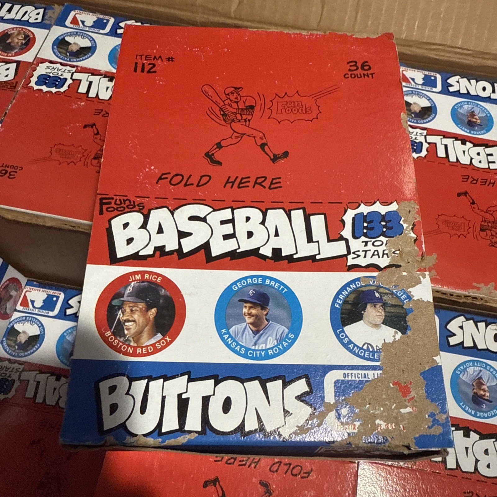 1 Box of 1984 Fun Foods Baseball Buttons Boxes 36 Packs Per Box – Read