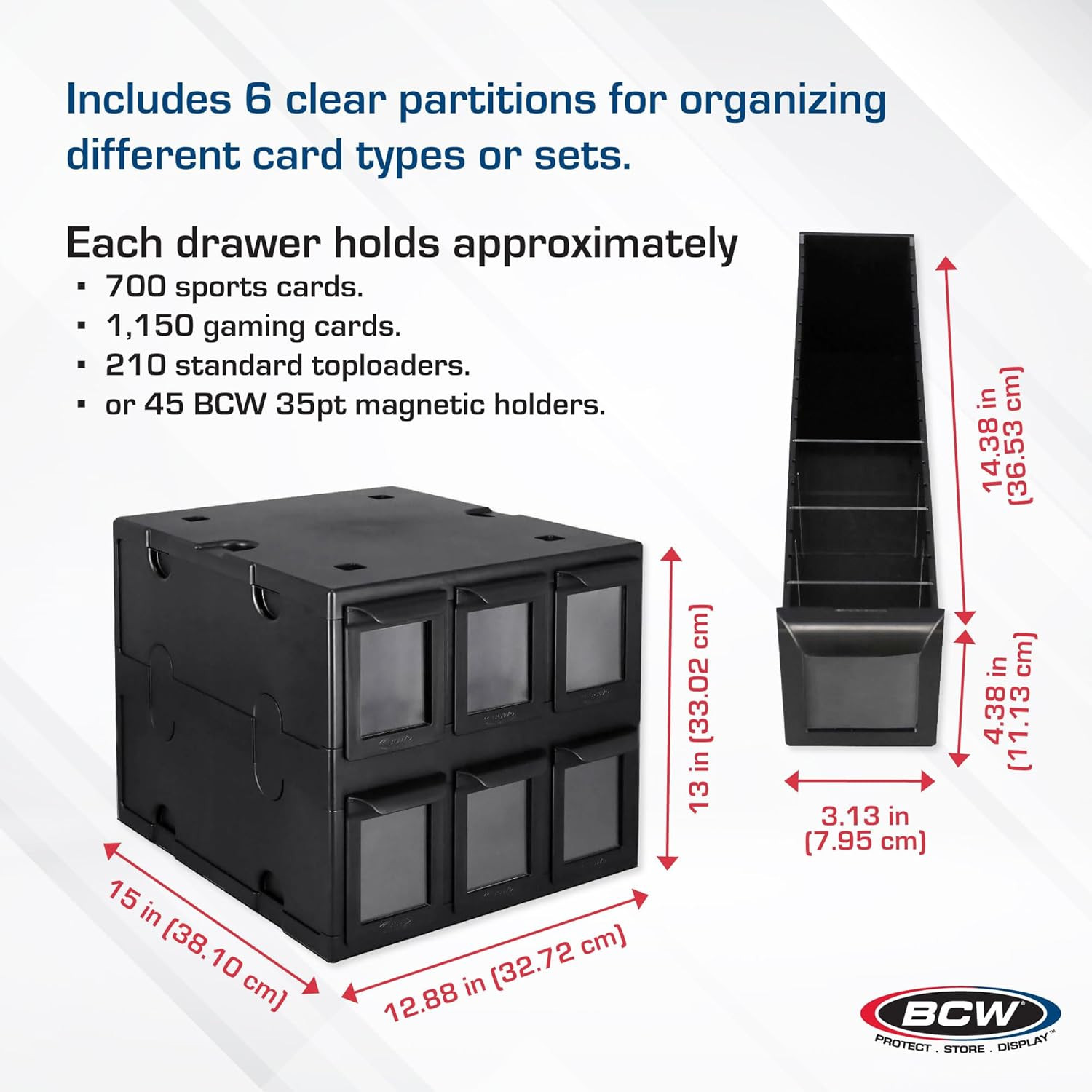 6 Drawer Card Catalog – Black | Stackable Trading Card Organizer Box | Holds Spo