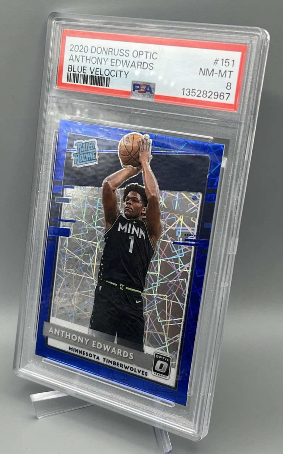 Anthony Edwards Timberwolves 2020-21 Optic #151 Blue Velocity Rated Rookie PSA 8