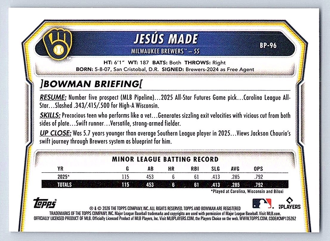 JESUS MADE BREWERS 2026 BOWMAN PROSPECTS #BP-96
