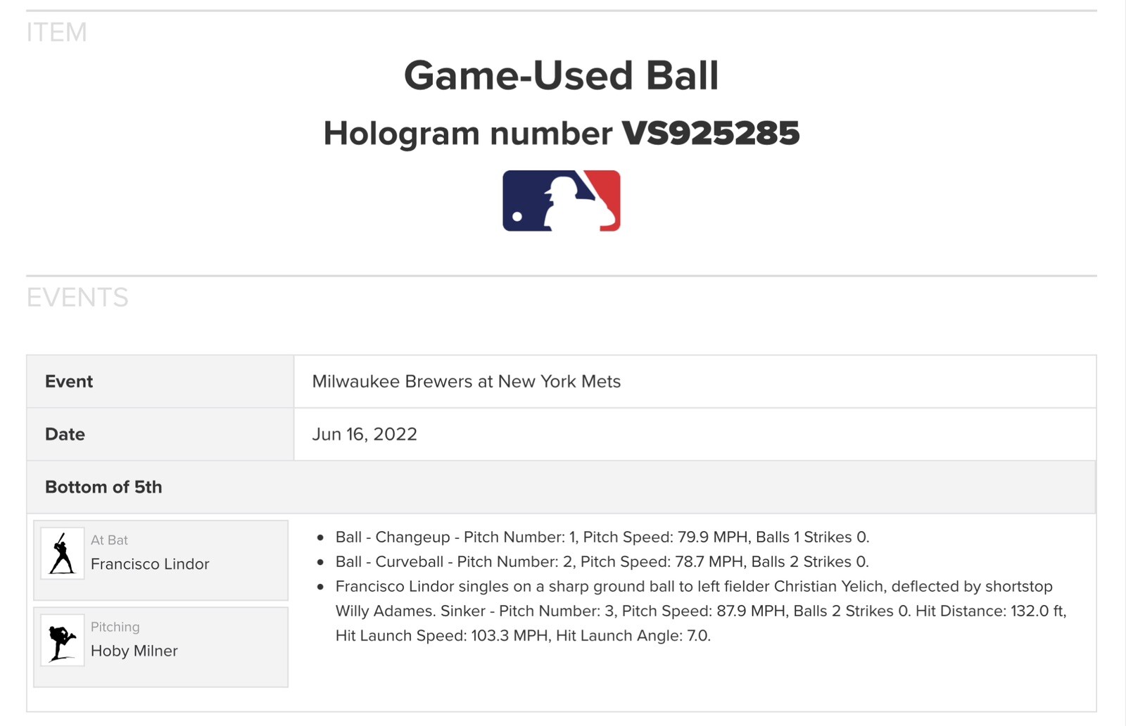 MLB Auth-Francisco Lindor SINGLE (Hit #1060) to Christian Yelich off Hoby Milner