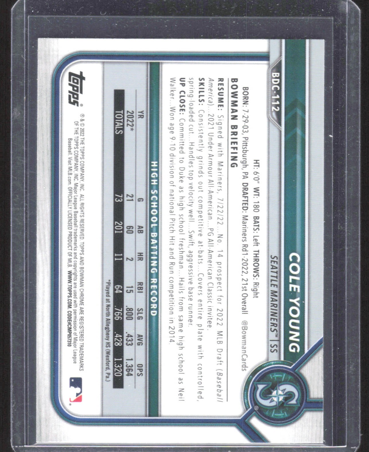 2022 1st Bowman Draft Cole Young Chrome Sky Blue Refractor #BDC-112 Mariners