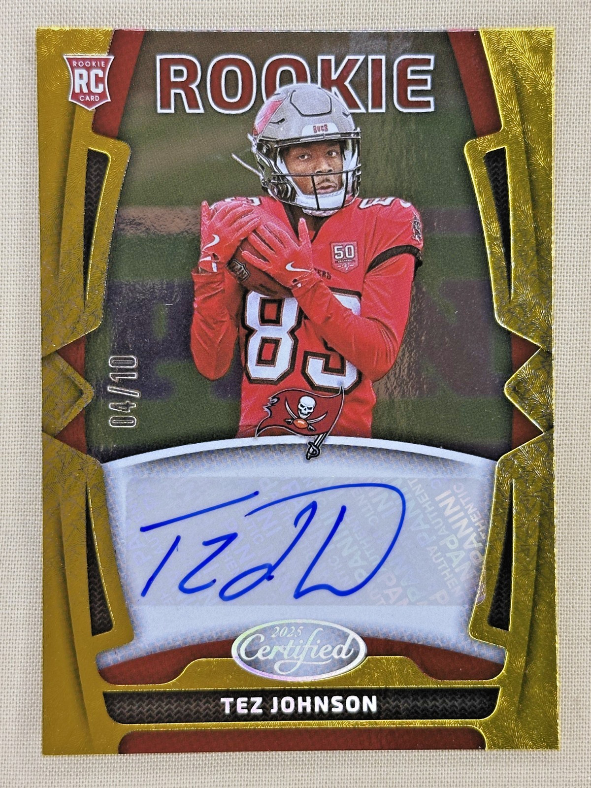2025 Panini Certified Tez Johnson RC Gold Etch auto/10 TB Buccaneers