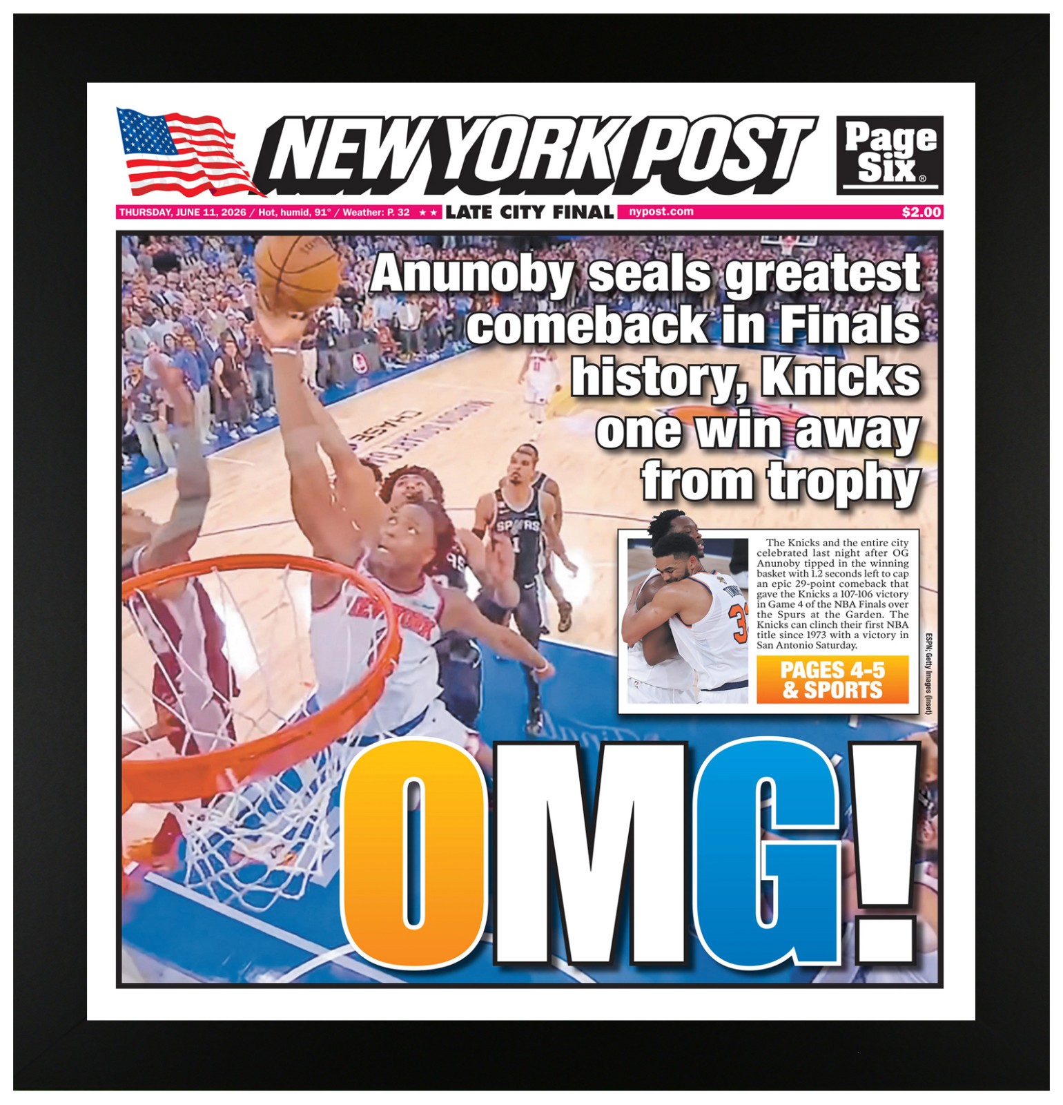 New York Knicks 2026 NBA Finals Champions OG Anunoby Framed Newspaper Print