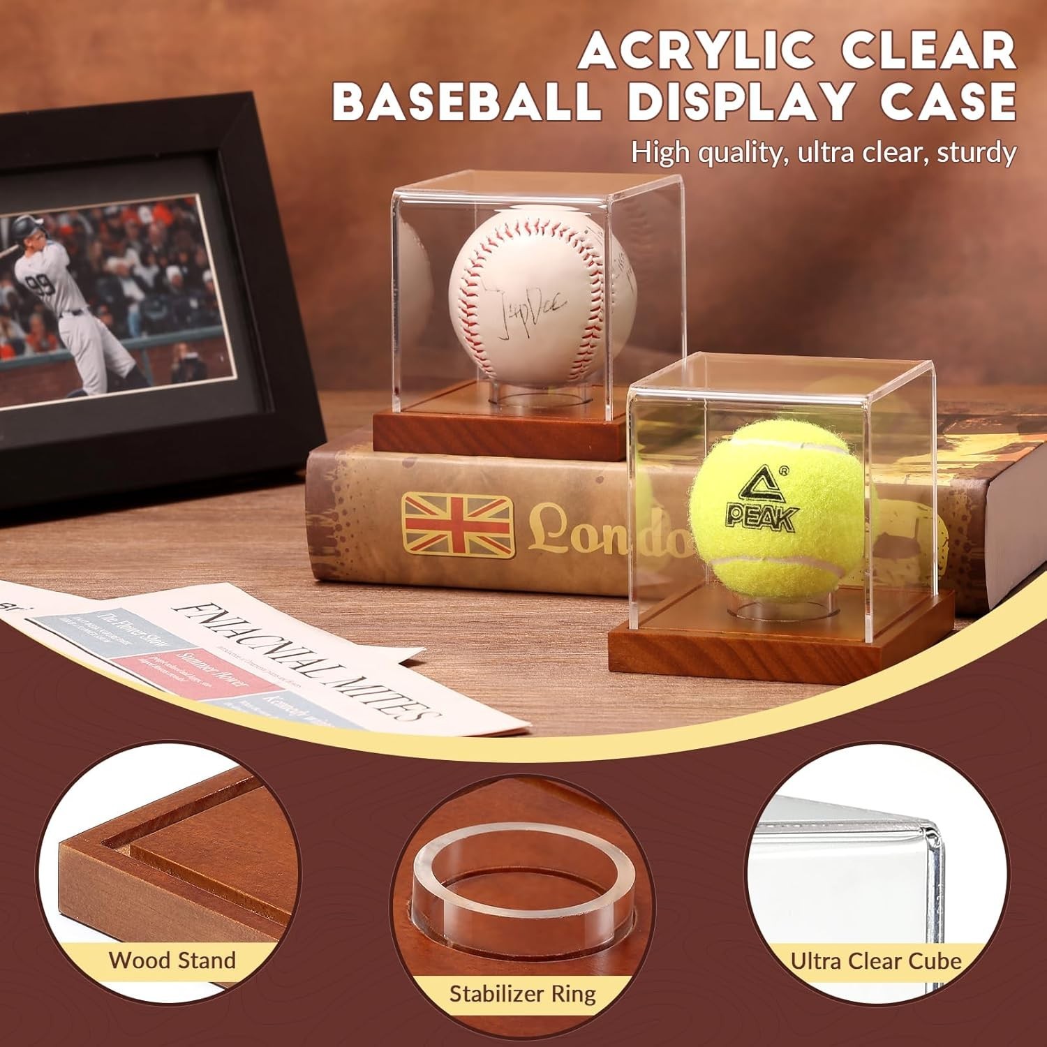Clear Acrylic Baseball Holder with Wooden Base for Signed Balls – 1 Pack