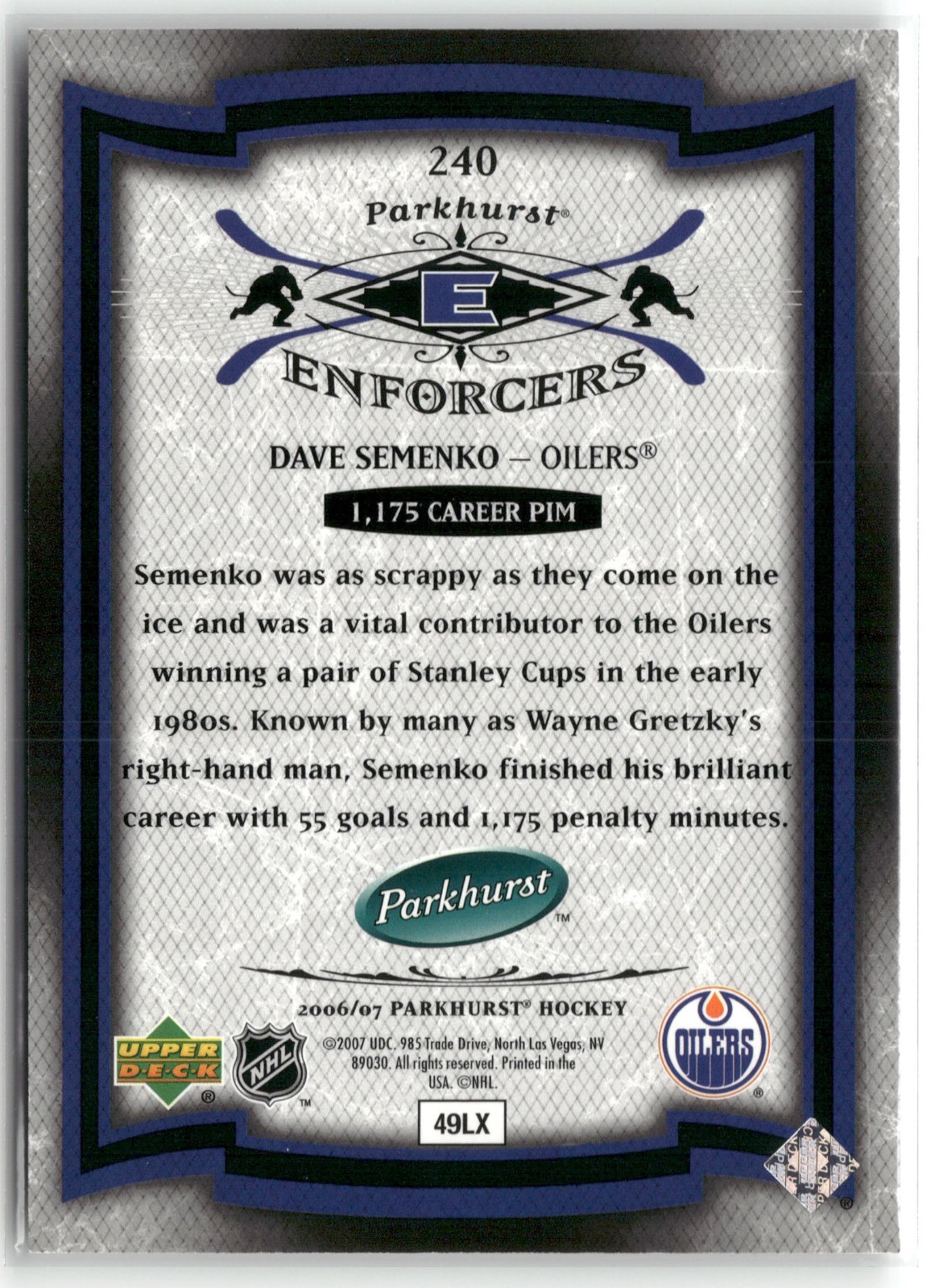 2006-07 Upper Deck Parkhurst – Enforcers Dave Semenko #240 Serial 1738/3999