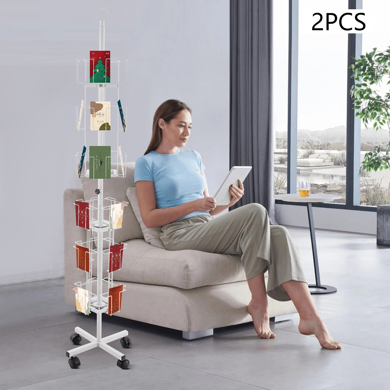6-tier 32-pocket Rotating Greeting Card Iron Rack Postcard Stand With 4 Wheels