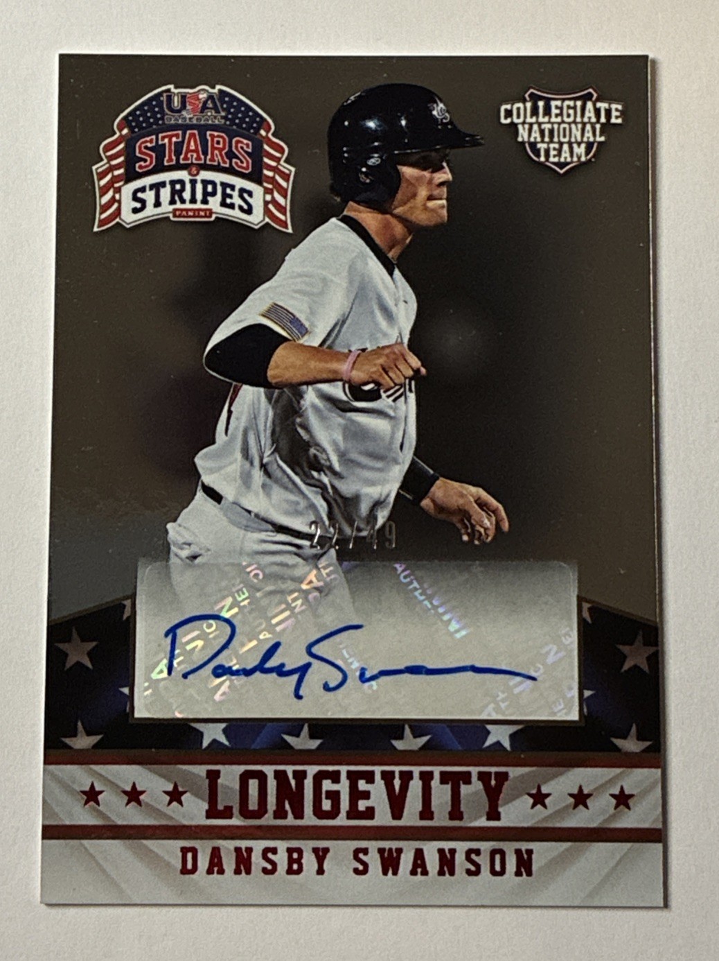 2015 Stars and Stripes Longevity Signatures Ruby 22/49 Dansby Swanson #28 Auto