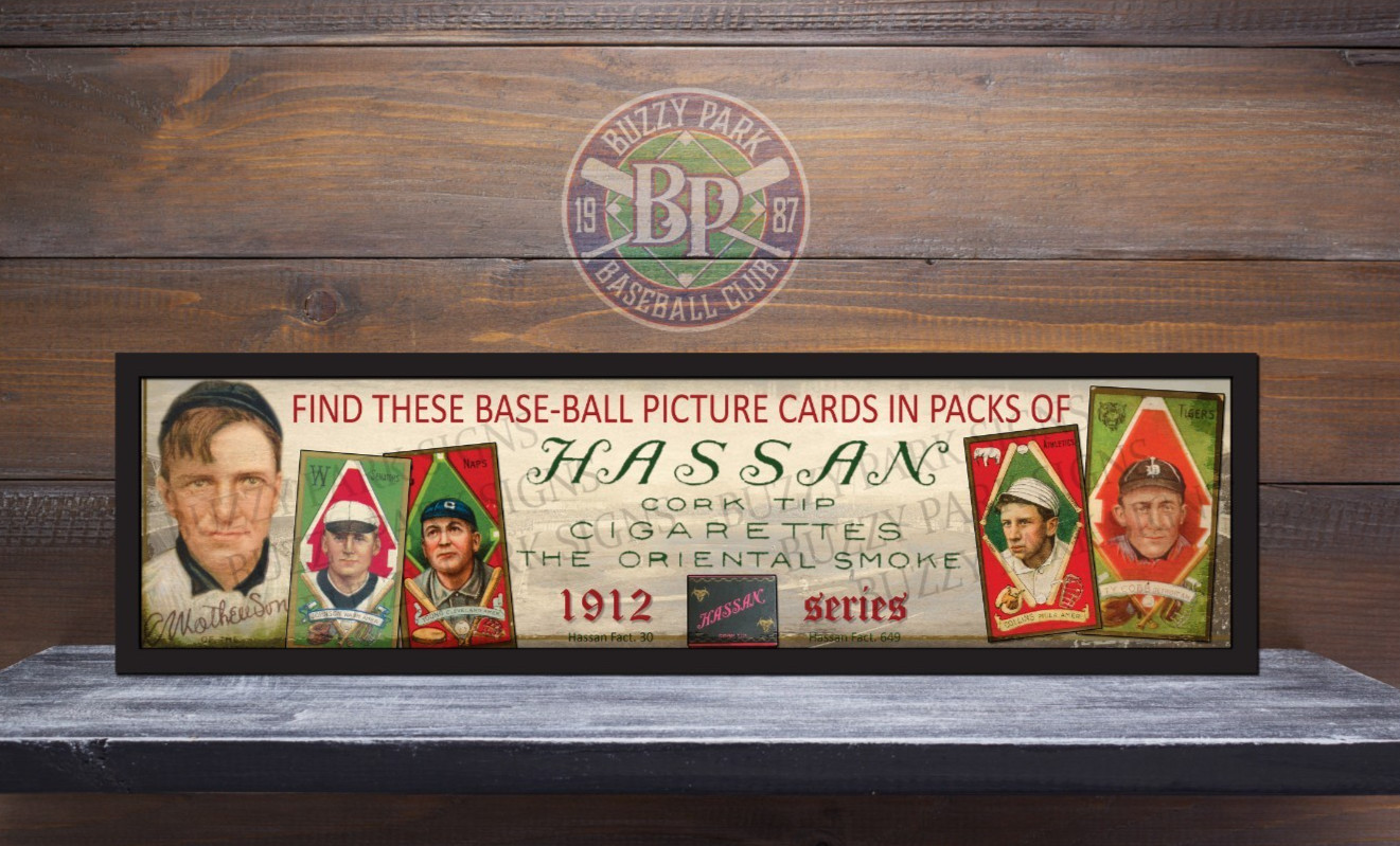 T205 Hassan Tobacco Baseball Card METAL Sign Display – 6″x24″ Mathewson Cobb