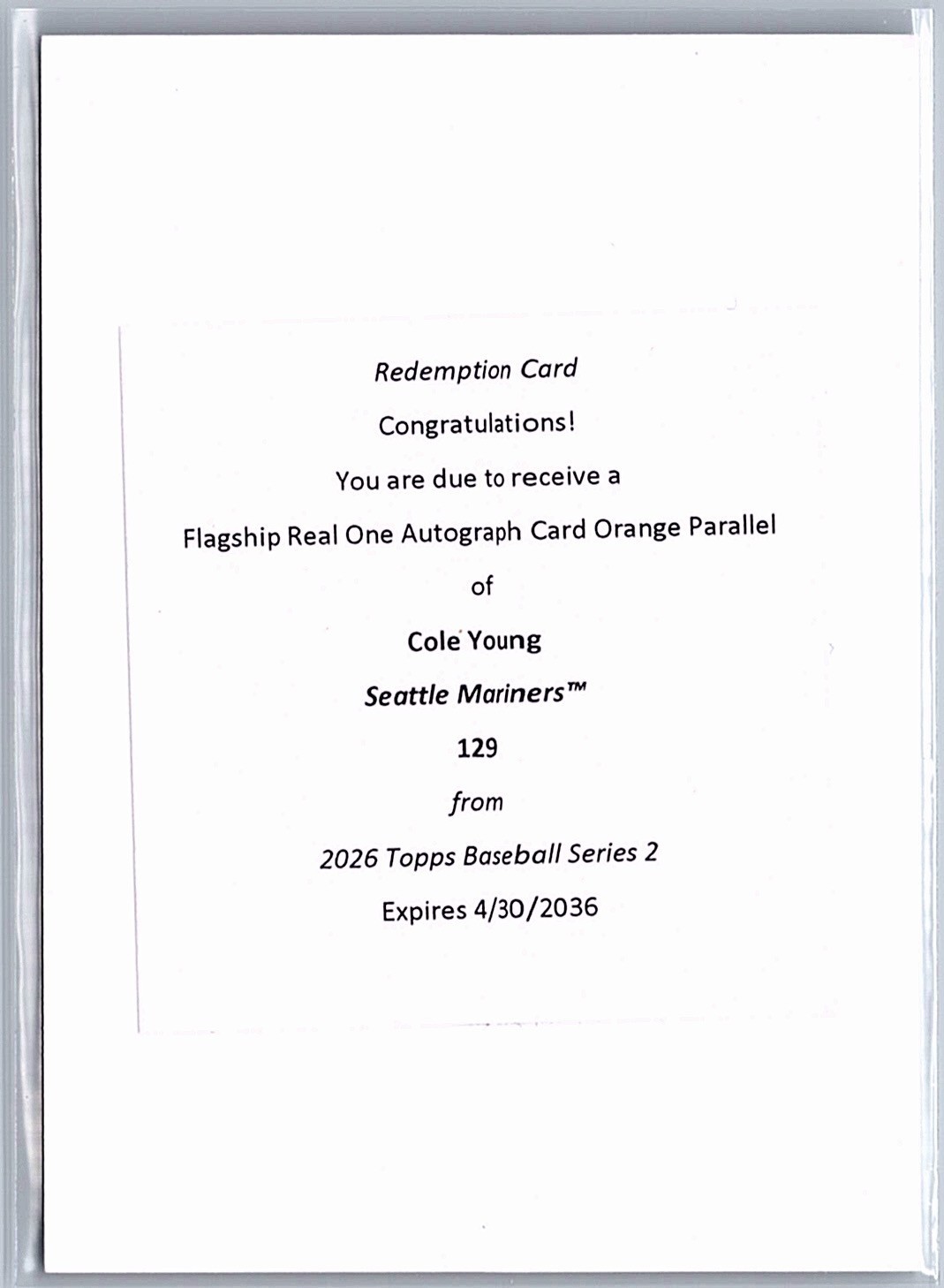 2026 Topps Series 2 – Cole Young Real One Auto ORANGE Redemption /25 – Mariners