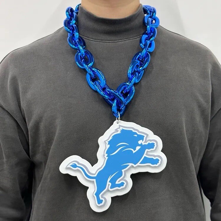 Detroit Lions Big Fan Chain Logo BLUE Necklace 3D Evo Foam Fast Ship