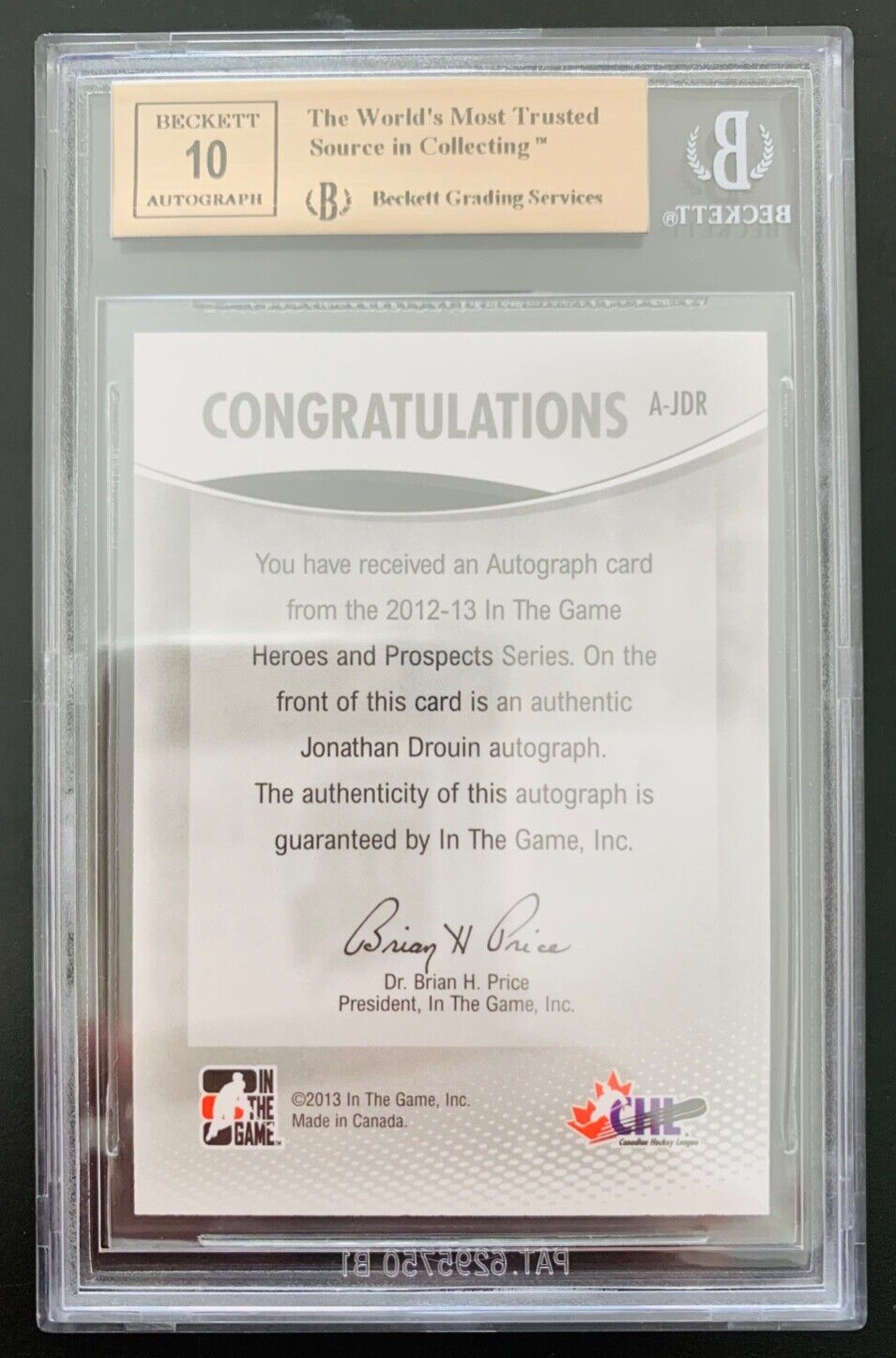 2012-13 In The Game JONATHAN DROUIN Autographed Card BGS 9.5 GEM MINT AUTO 10