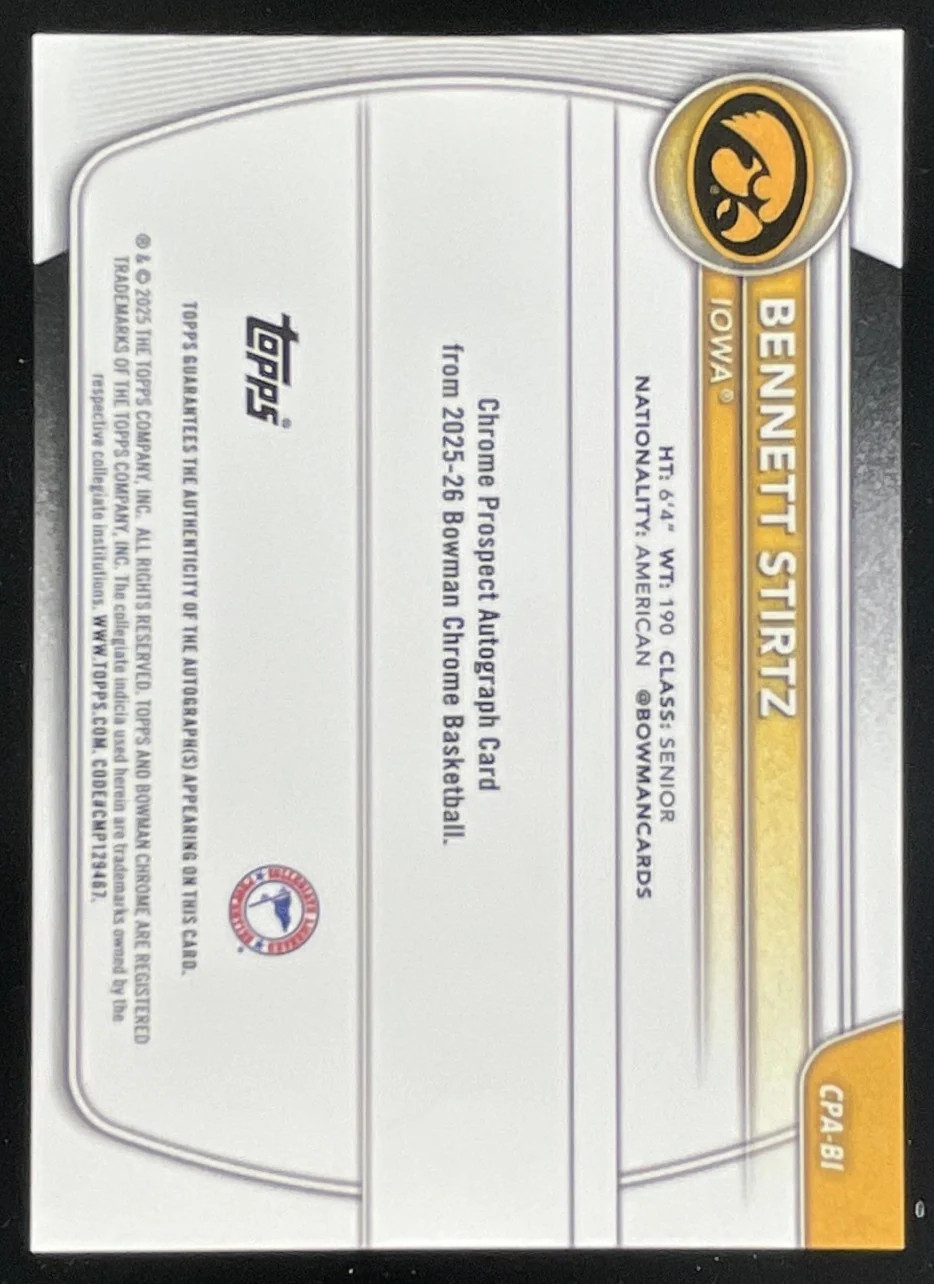 2025-26 Bowman Chrome Prospect Autograph #CPA-BI Bennett Stirtz RC Auto
