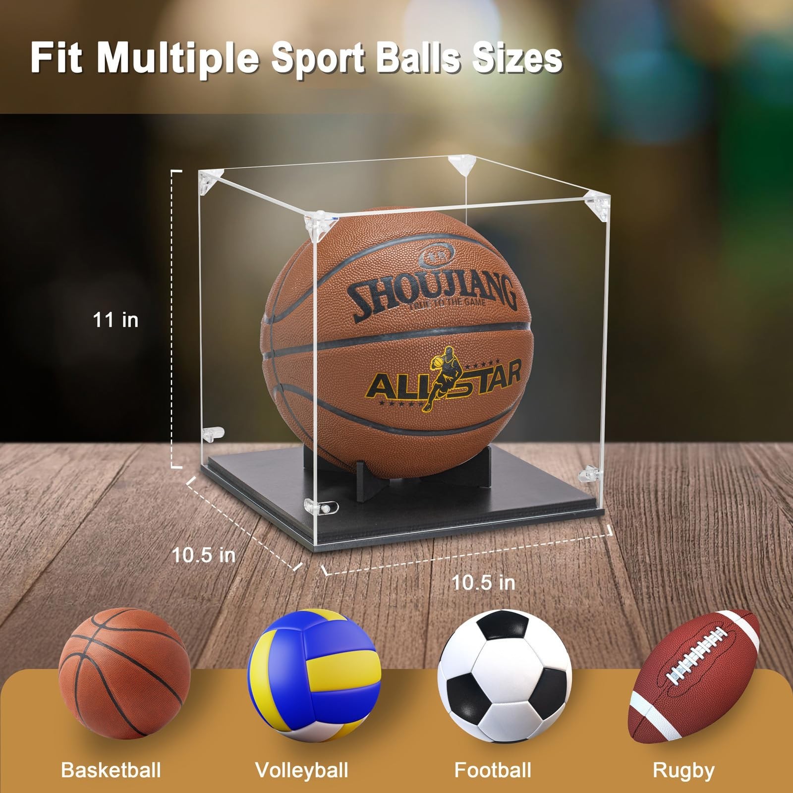 Basketball Display Case with UV Protection | Thick Acrylic Lid & Wooden Base for