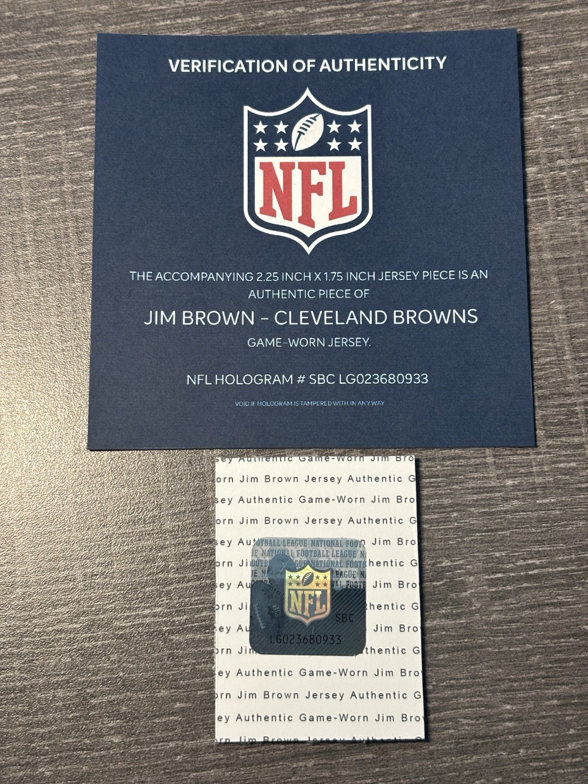 JIM BROWN GAME USED WORN PATCH NFL COA HOLOGRAM CLEVELAND BROWNS HOF GOAT RB