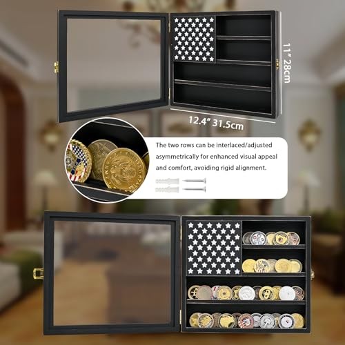 Wall Mounted Challenge Coin Display Stand with Acrylic Glass, Wooden Black