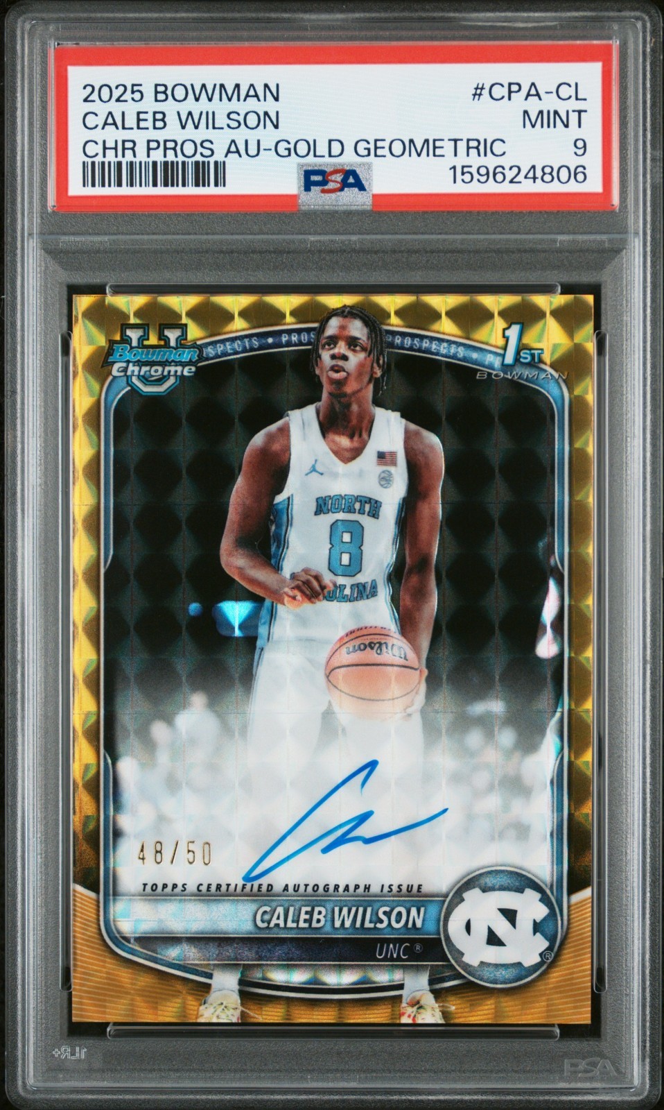CALEB WILSON RC 2025 BOWMAN U CHROME GOLD GEOMETRIC ROOKIE AUTO SP 48/50 PSA 9