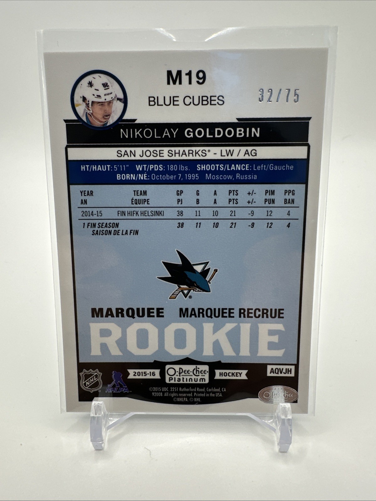 2015-16 O-Pee-Chee Platinum Marquee Rookies Blue Cubes #M19 Nikolay Goldobin /75