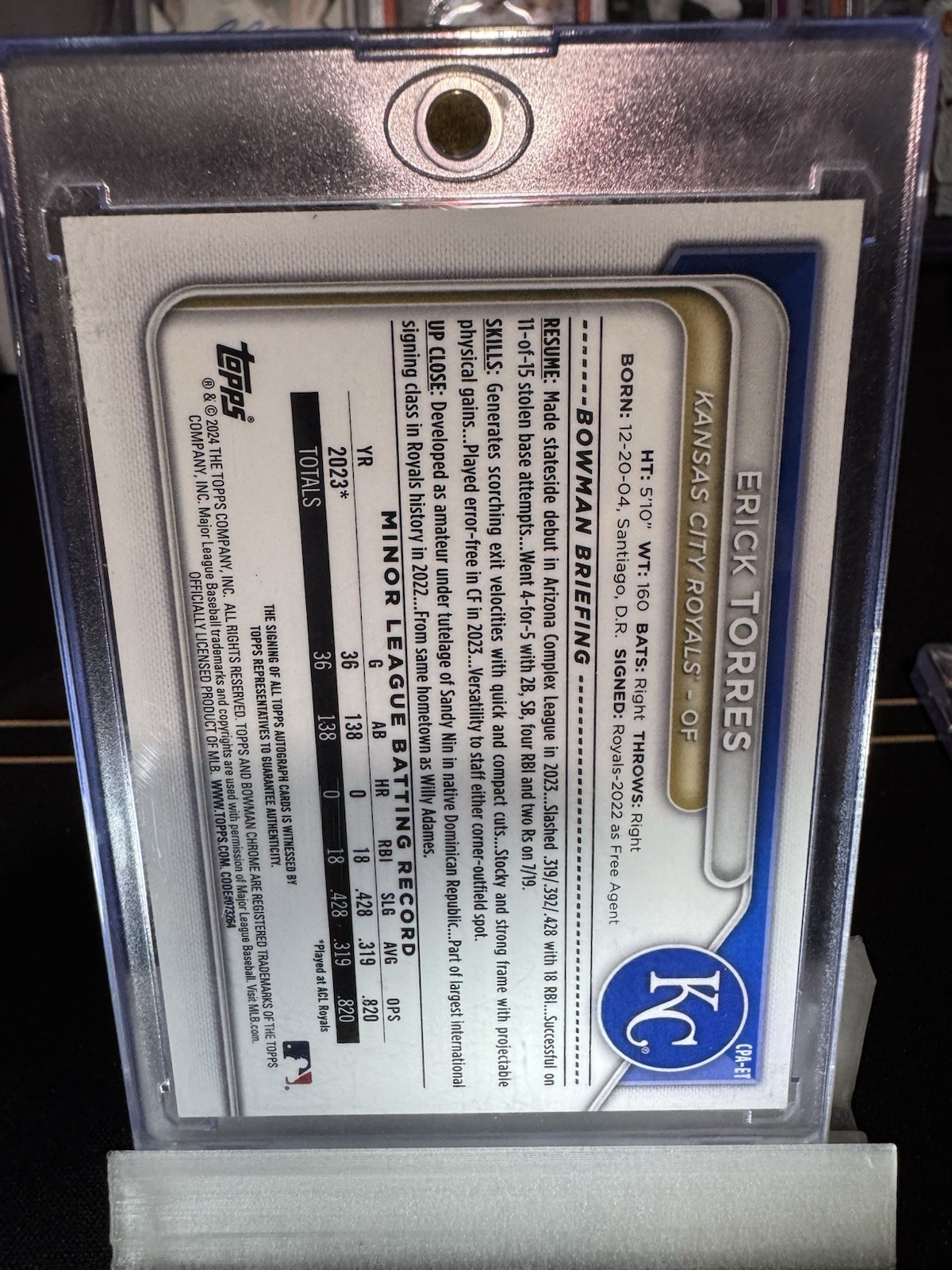 2024 Bowman Chrome Autographs – Erick Torres 1st #CPA-Et Blue Lunar /150 Royals