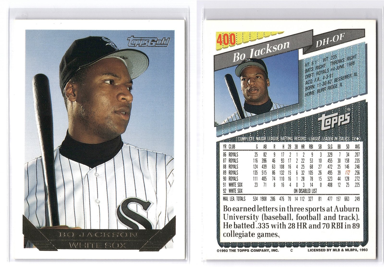 1993 Topps #400 Bo Jackson Gold Parallel Chicago White Sox