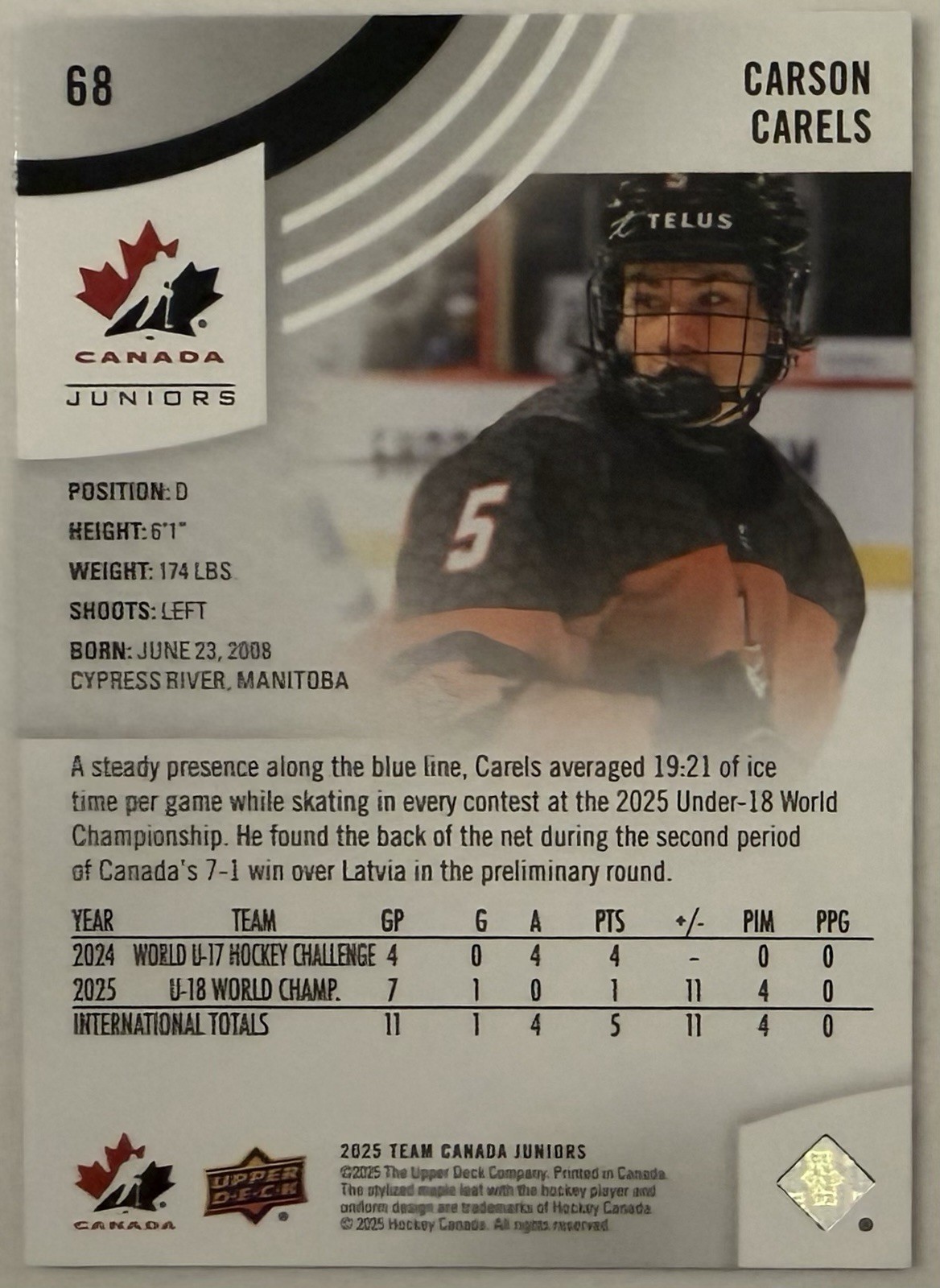 Carson Carels 2025 Upper Deck Team Canada Juniors #68 RC – 2026 draft prospect