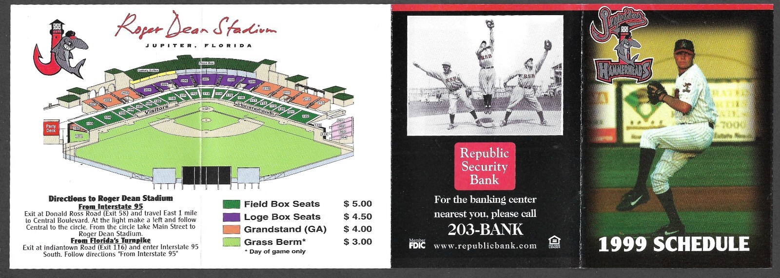 1999 JUPITER HAMMERHEADS (EXPOS Minors) Regular Season POCKET SCHEDULE NM-MINT