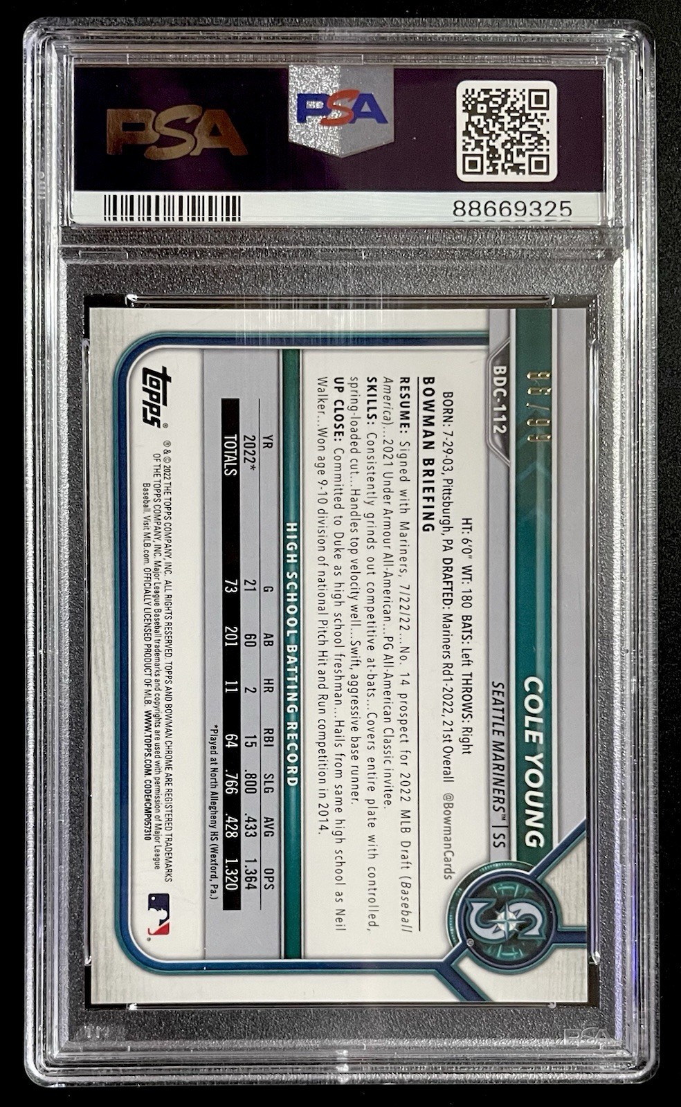 Cole Young 2022 Bowman Draft Chrome Green Refractor /99 PSA 10 1st RC #BDC112