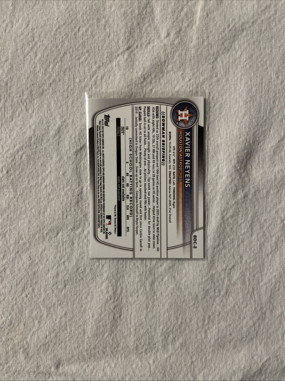 2025 Bowman Draft Xavier Neyens 1st Bowman Chrome #BDC-2 – Astros