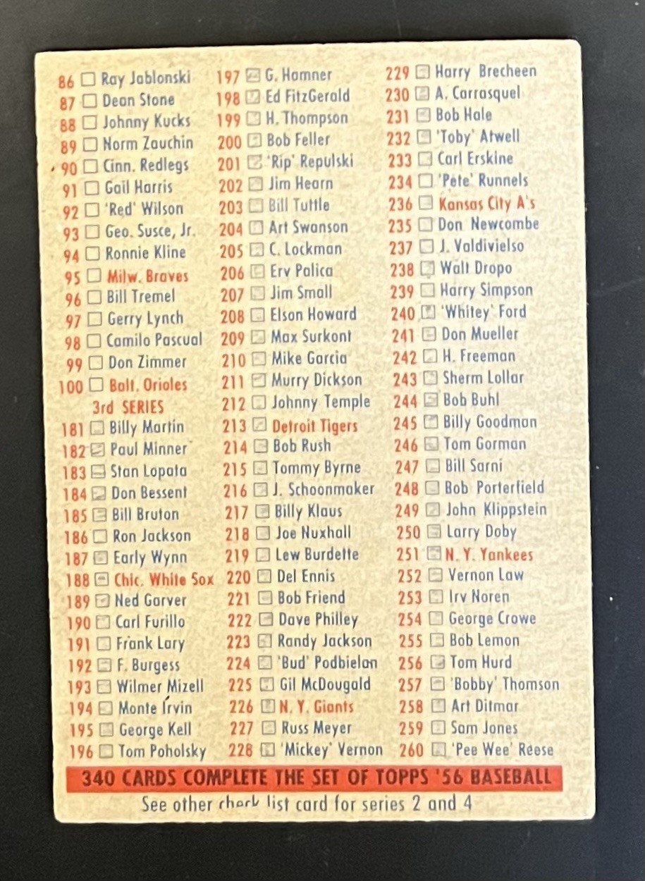1956 Topps – Checklists Series 1/3