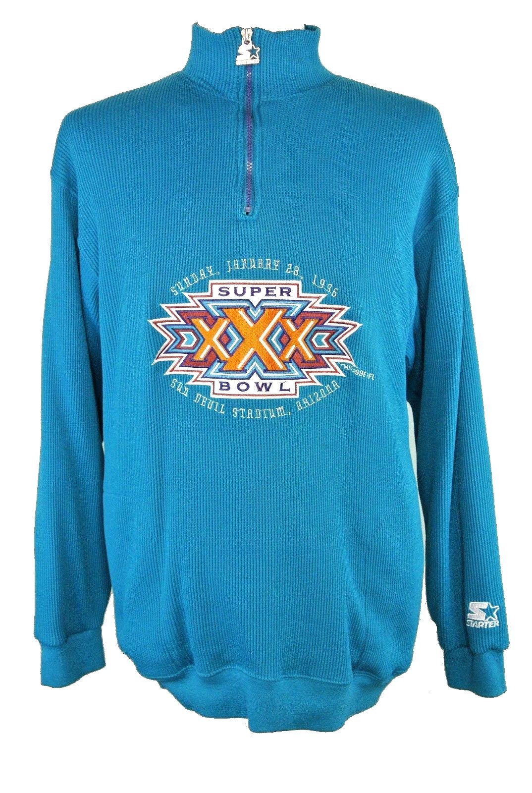 Vtg Starter Mens XL Teal NFL Super Bowl XXX Quarter Zip Pullover SUPER RARE
