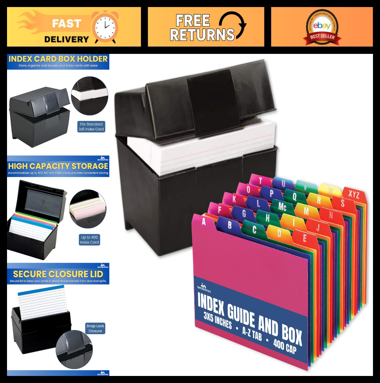 Index Card Box 3×5 Inch – 400 Capacity Holder with A-Z Guide Set & Tabs