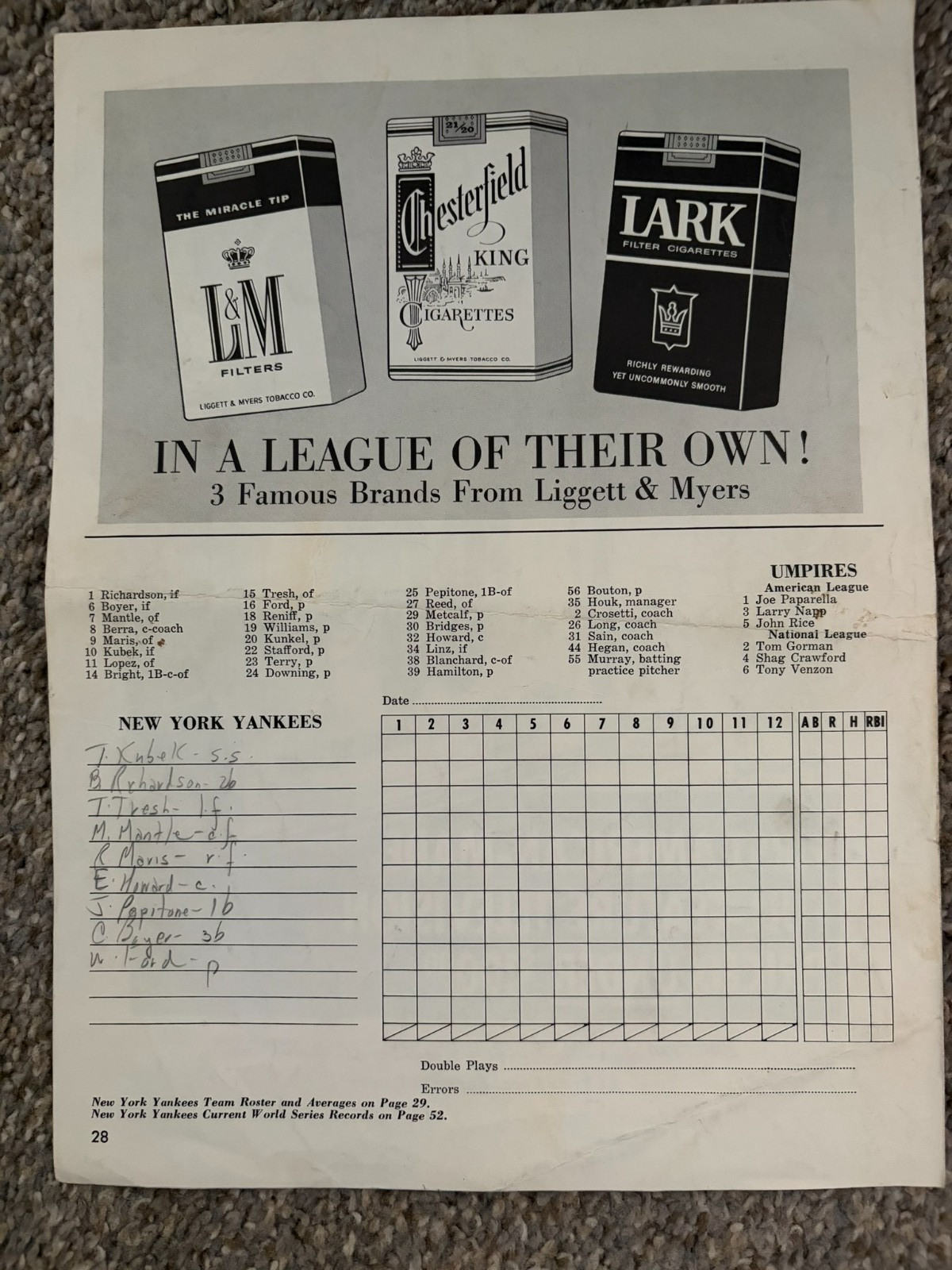 1963 World Series Game 1 Program Centerfold Scorecard – Koufax 15K game