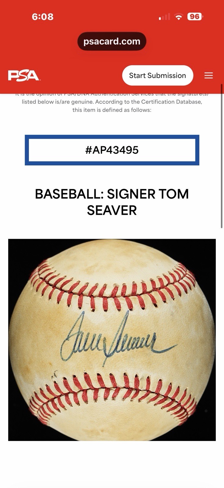 Tom Seaver Signed Baseball Autograph Auto PSA/43495