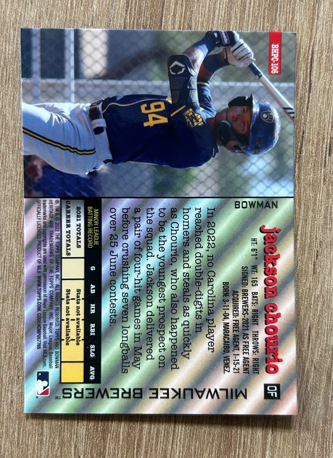2022 Bowman Heritage #BHPC-106 Jackson Chourio Chrome Milwaukee Brewers