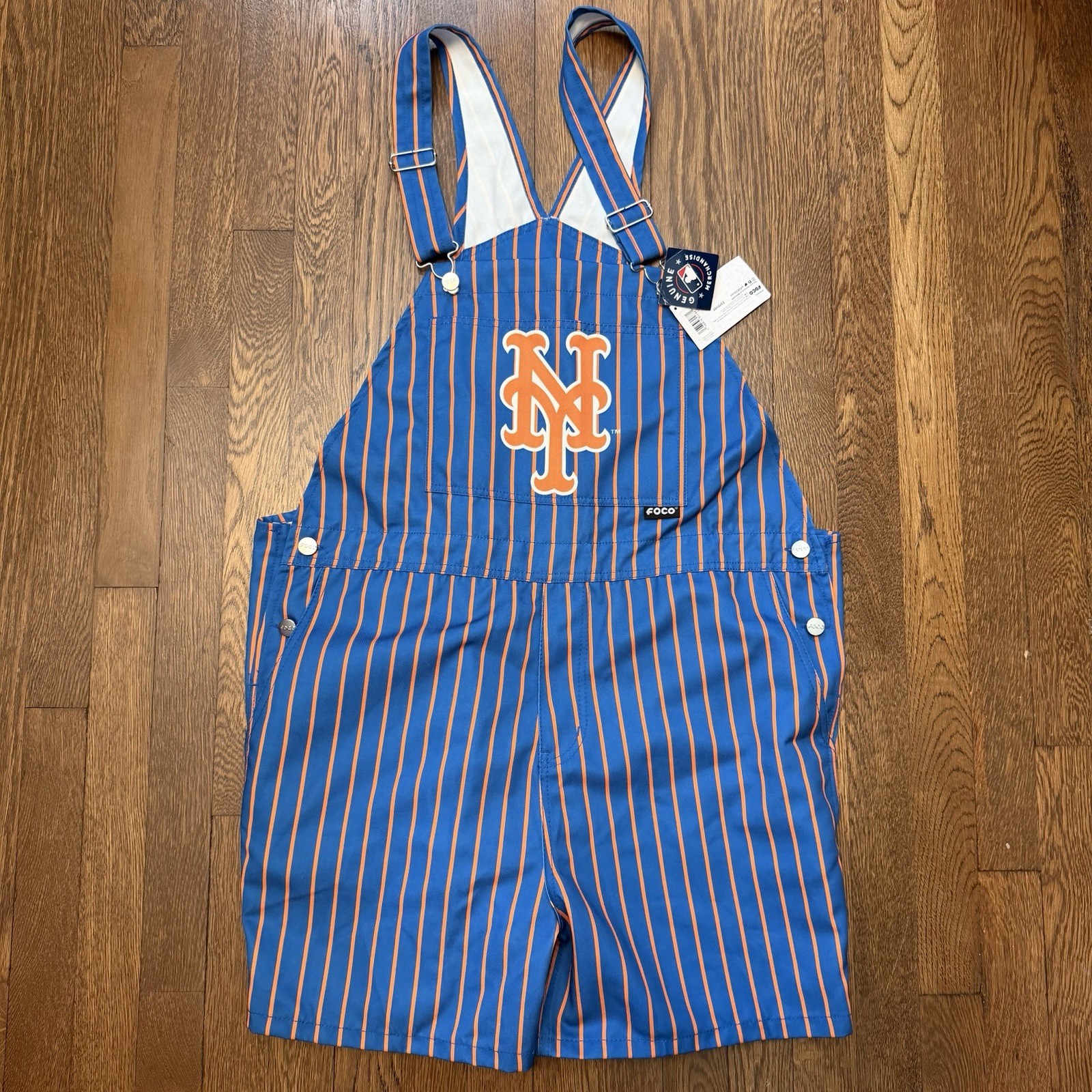 Foco New York Mets Mens Pinstripe Bib Shortalls Size Large MLB | Blue & Orange