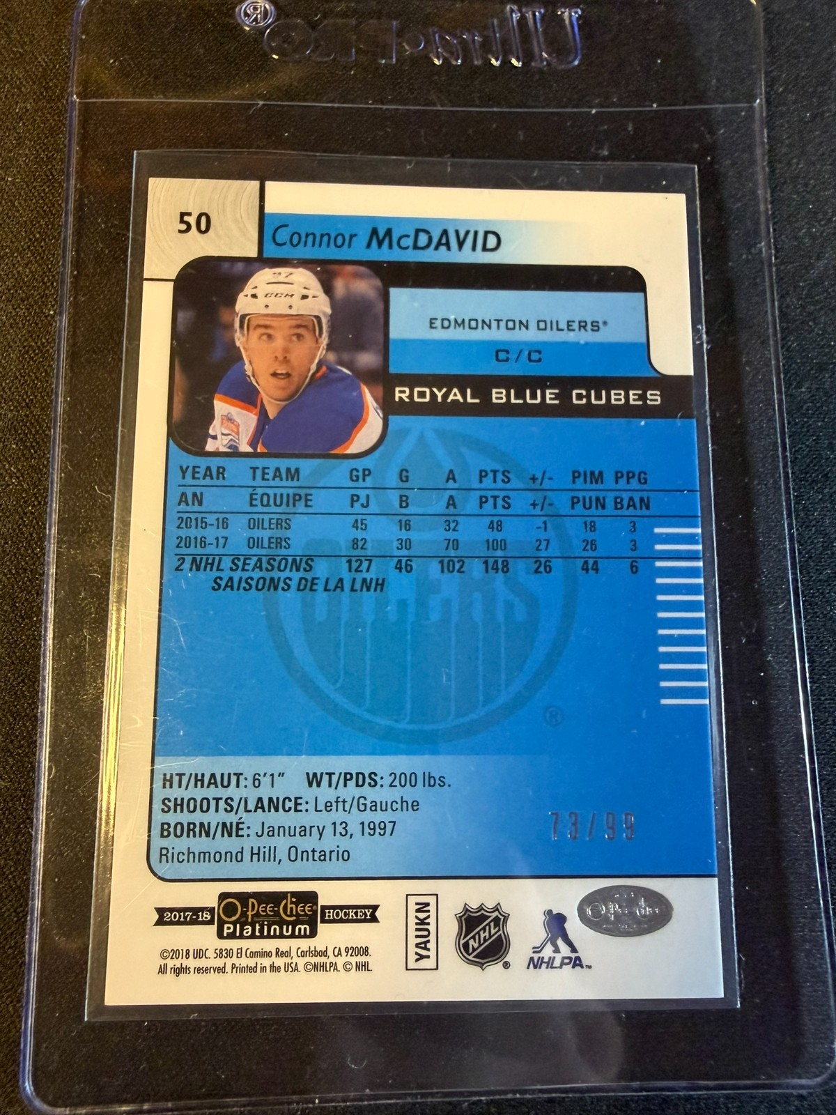 2017 OPC O-Pee-Chee Platinum Connor McDavid Royal Blue Cubes /99