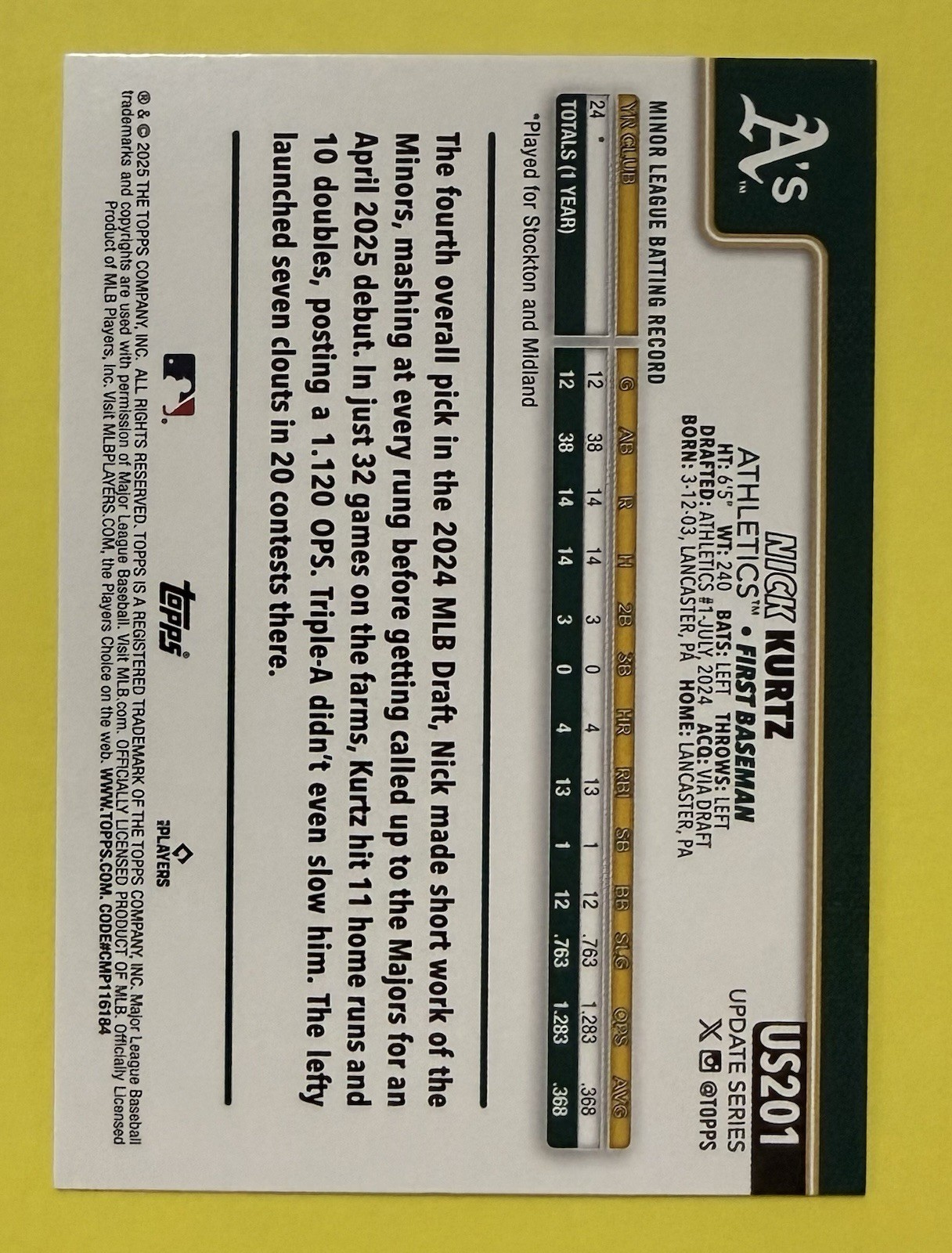 2025 Topps Update Series ~ Nick Kurtz #US201 RC ~ Holofoil ~ Athletics